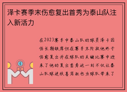 泽卡赛季末伤愈复出首秀为泰山队注入新活力